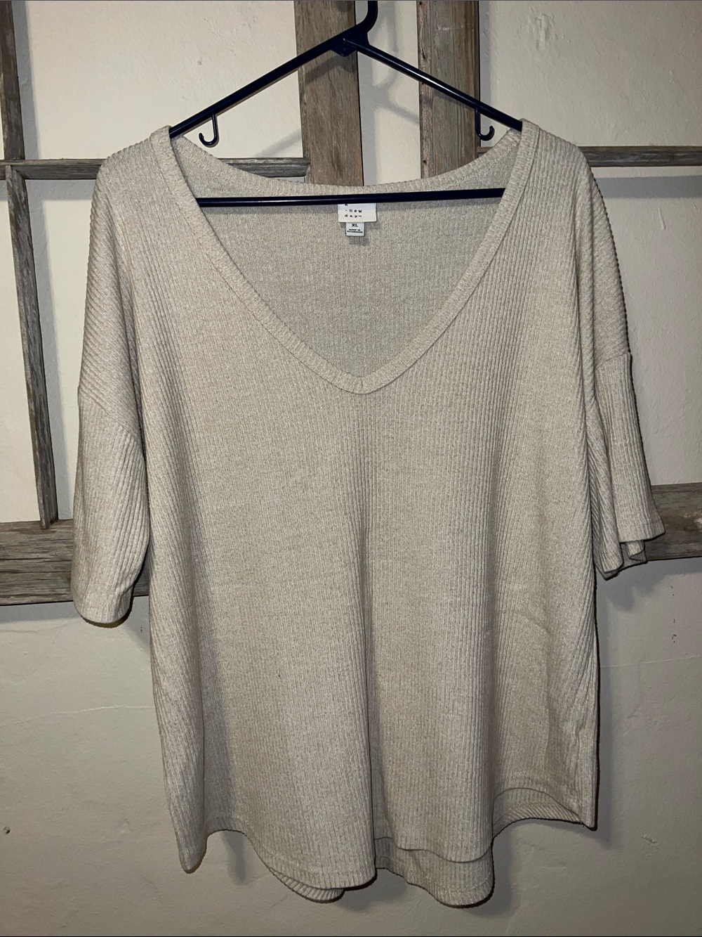 a new day Light Beige Ribbed V-Neck Short Sleeve Top